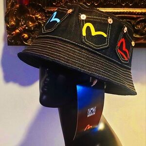 Evisu Multi-color Bucket Hat Embroidered Print Multi-Pockets Denim NWT w Bag